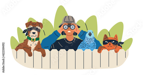 Being watched concept with curious man and his faithful friends cat and dog spying look through spy glass hiding behind wooden fence outside observing sneaking. Suspicious male peek, look out, search