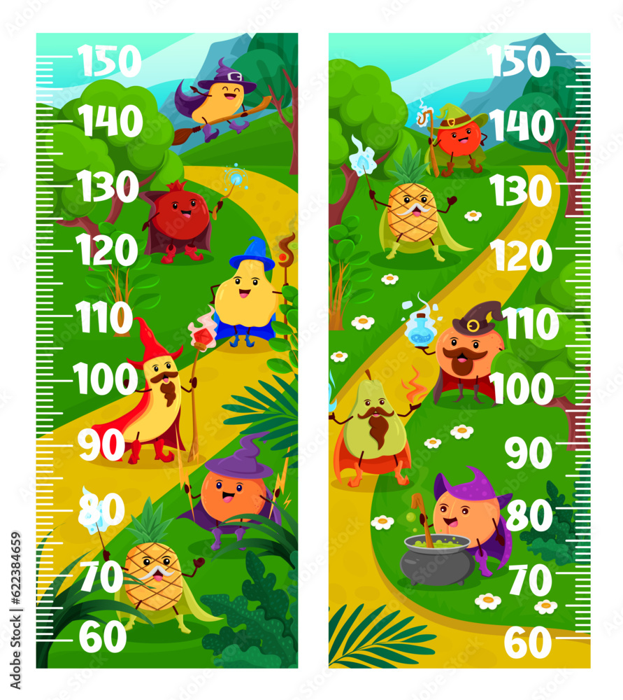 Fototapeta premium Kids height chart measure ruler with cartoon Halloween fruit wizards and mages. Vector growth meter with peach, banana, pineapple and garnet, orange with quince, apple, pear and mango wall scale