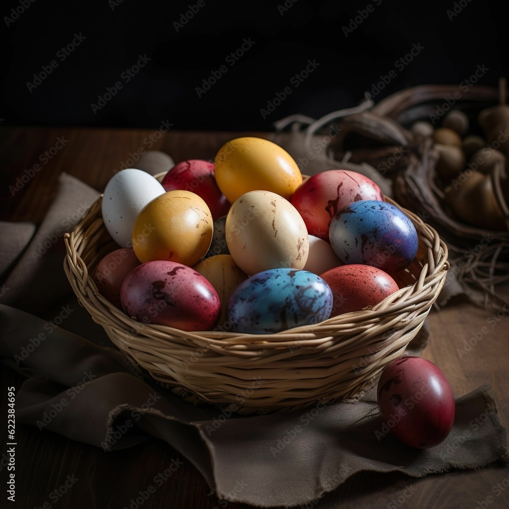 AI generated illustration of vibrant Easter eggs and arranged on a rustic wooden table AI generated illustration of vibrant Easter eggs and arranged on a rustic wooden table