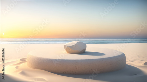 Empty rounded wooden podium product display on white sand beach over the ocean