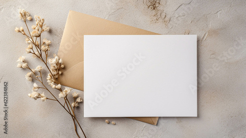 White Greeting Card Mockup with Subtle Boho Floral Accents. Invitation Card Mockup With Flowers For Special Occasions