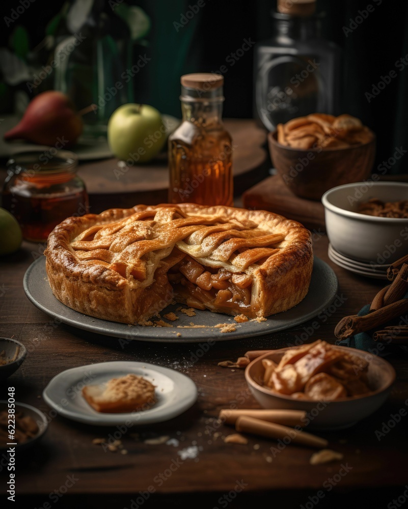 AI generated illustration of A freshly-baked apple tart pie with a slice removed AI generated illustration of A freshly-baked apple tart pie with a slice removed