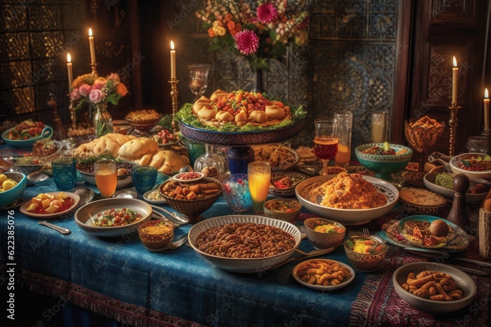 AI-generated illustration of a traditional Ramadan dinner table with an abundance of dishes. AI-generated illustration of a traditional Ramadan dinner table with an abundance of dishes.