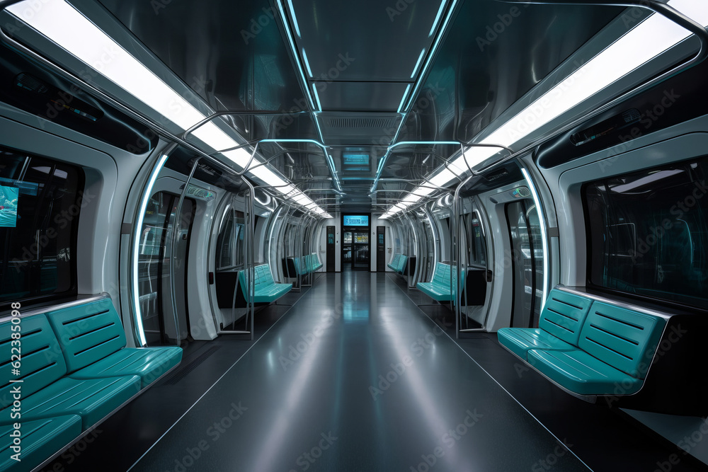 Obraz premium Interior of the salon of futuristic sci-fi train, transport of the future in modern style. Generative AI