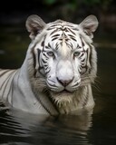 AI-generated illustration of a majestic white tiger standing in a lake and looking at the camera.