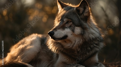 AI-generated illustration of a gray wolf resting on the ground at sunset.