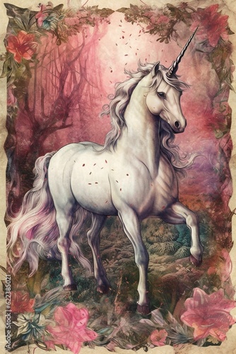 AI-generated illustration of a mythical white unicorn in a lush forest with pink flowers.
