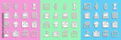 Set line Briefcase, Document with graph chart, Archive papers drawer, USB flash drive, Glue, Delete file document, Graph infographic and Paper shredder icon. Vector