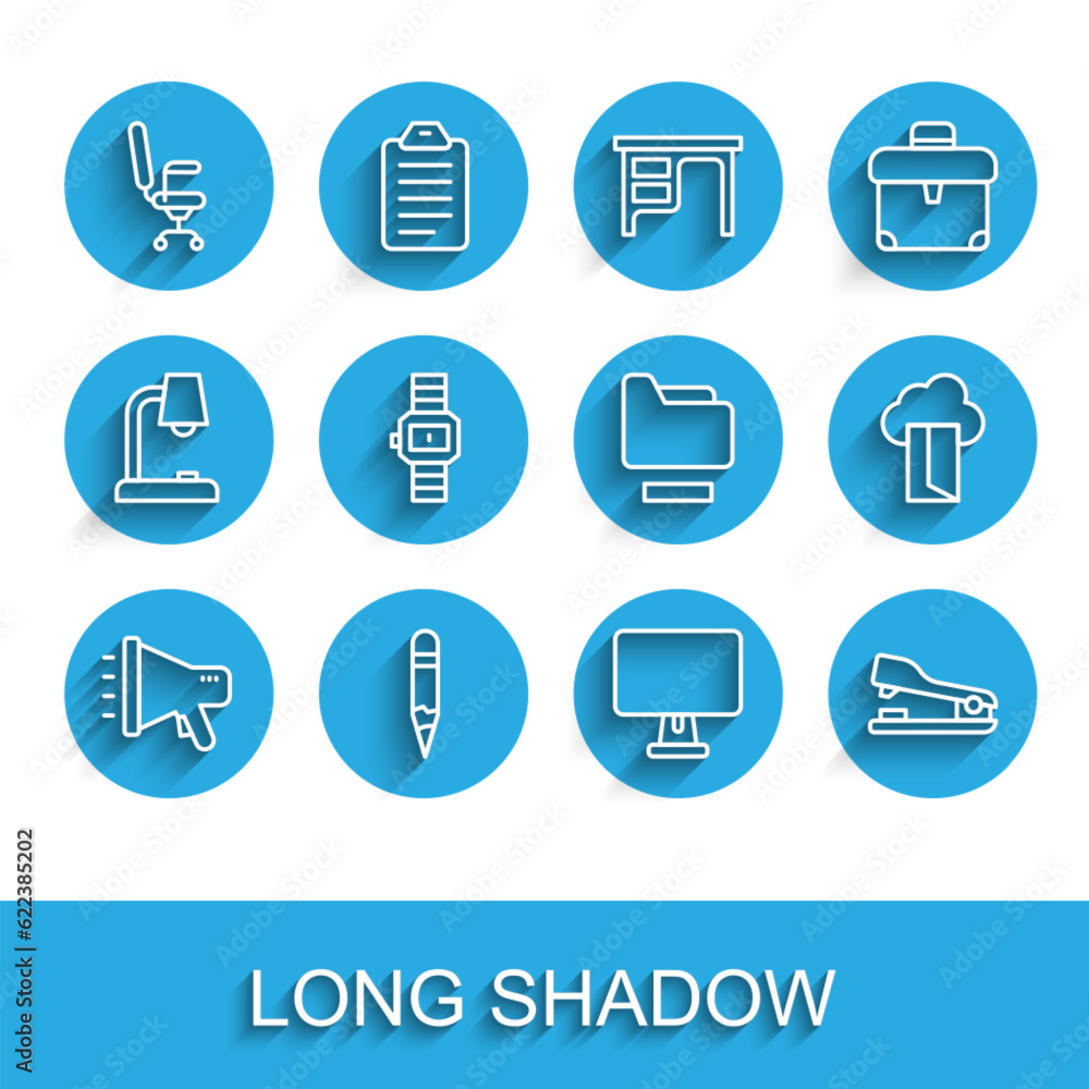 Set line Megaphone, Pencil, Office chair, Computer monitor, Stapler, Wrist watch, Cloud database and Document folder icon. Vector Set line Megaphone, Pencil, Office chair, Computer monitor, Stapler, Wrist watch, Cloud database and Document folder icon. Vector