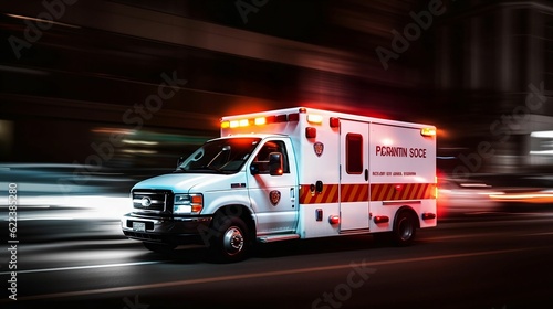 AI-generated illustration of a medical emergency vehicle moving in a city at night.