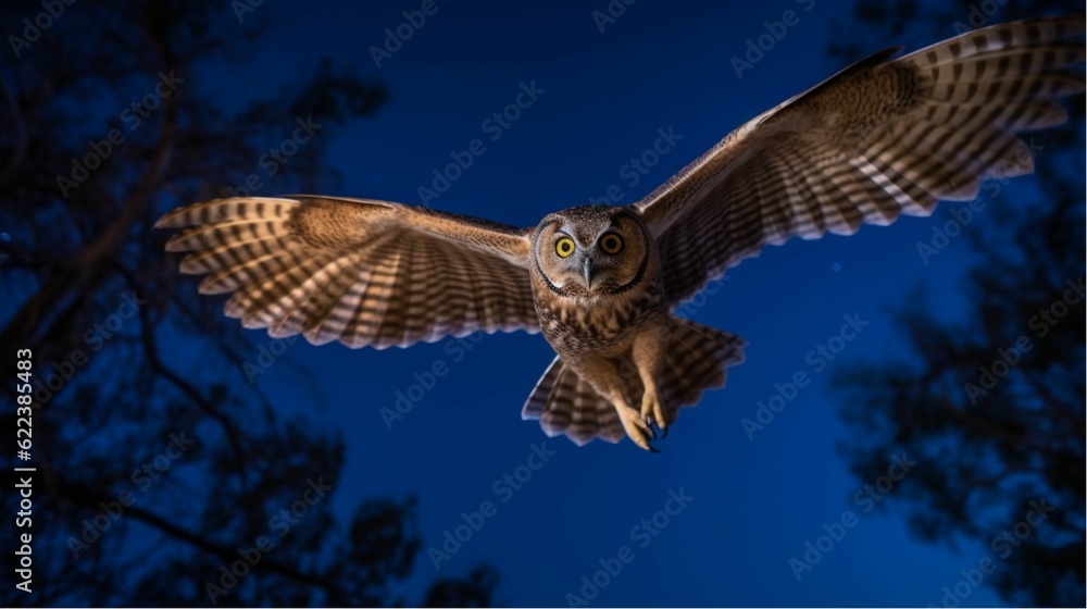 Fototapeta premium an owl is flying high up at night, the bird looks like it has its