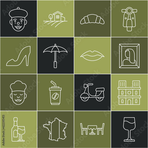 Set line Wine glass, Notre Dame de Paris, Portrait picture museum, Croissant, Umbrella for beach, Woman shoe, French mime and Smiling lips icon. Vector