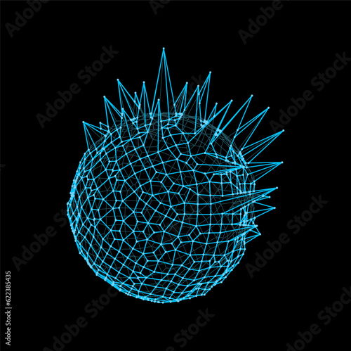3d futuristic sphere and ball with spikes shape. Wireframe structure, futuristic blue wire line vector ball or cyber dimensional sphere grid model. Digital technology geometric hologram