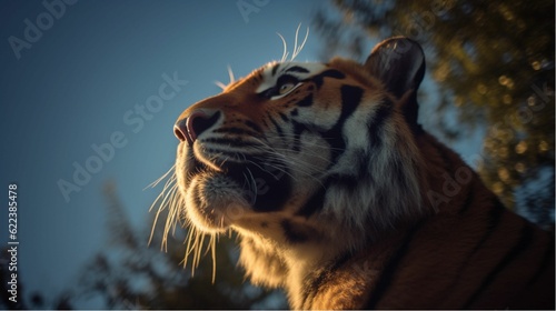 a tiger standing in front of trees and looking up at something © Tech 1 0/Wirestock Creators