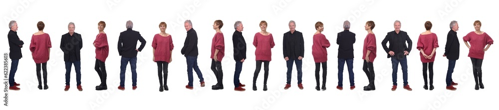 Fototapeta premium line of various poses of same man and woman standing on white background