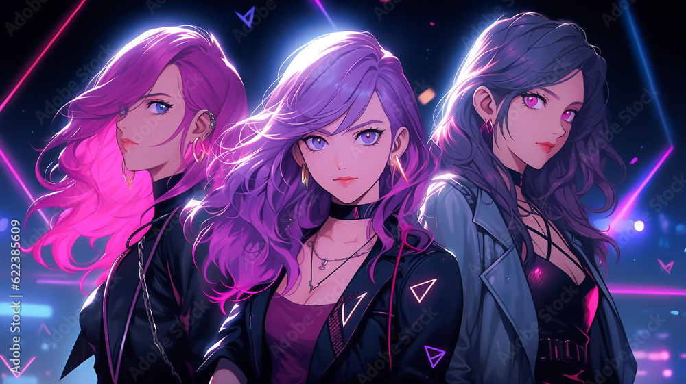 Fototapeta premium Lofi synthwave anime characters. K-pop band representation. Created with Generative AI.