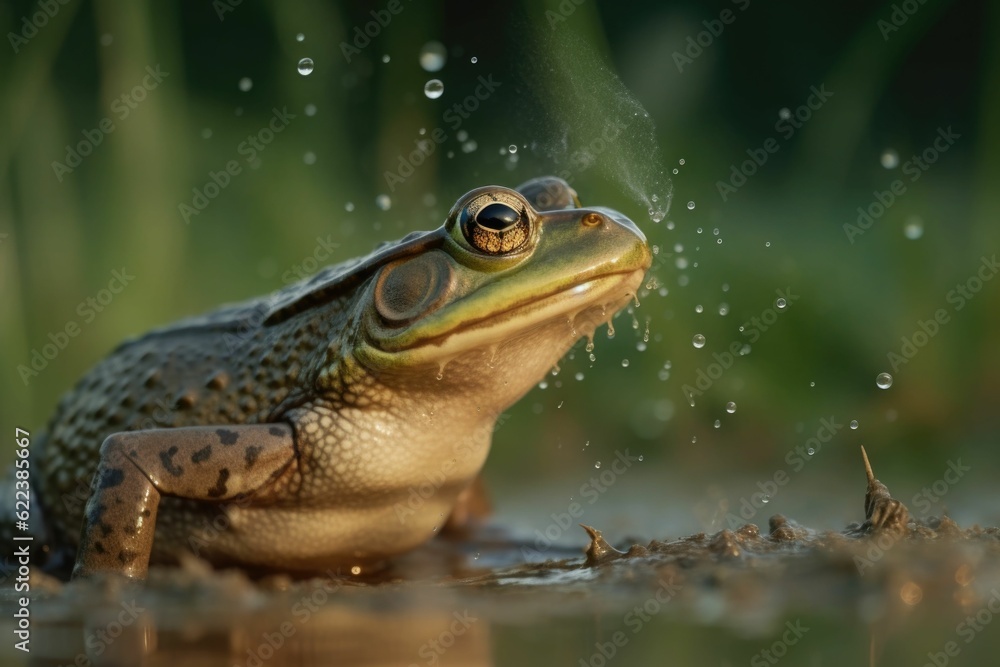 AI generated illustration of a green frog in the splashing pond water AI generated illustration of a green frog in the splashing pond water