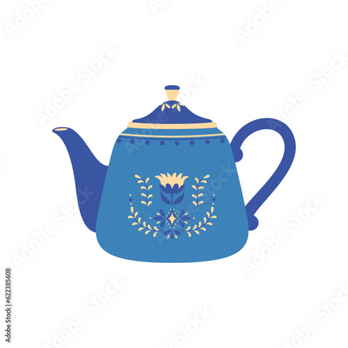 Kettle with floral print, cartoon ceramic teapot. Vector decorative kitchen tool, household utensil, ceramic drinkware or glassware for tea ceremony
