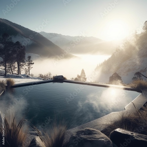 Valokuva AI generated illustration of a crystal-clear swimming pool atop a snow-covered r