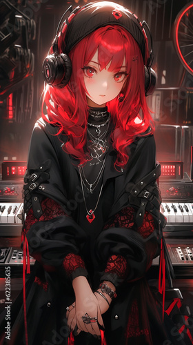 Gothic lo-fi anime character. DJ girl artist in a black dress with red hair. Created with Generative AI.