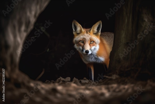 AI generated illustration of a red fox peeking behind a tree in the woods