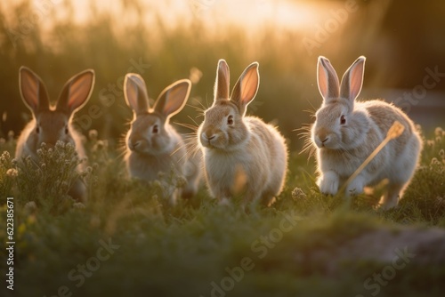 AI generated illustration of juvenile rabbits standing in a grassy meadow with a sunlit sky © Lee Gregory/Wirestock Creators