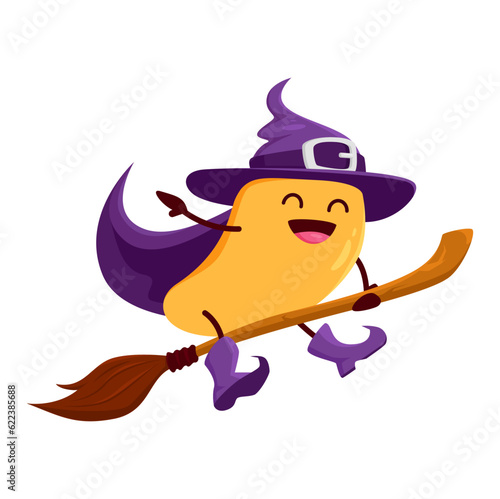 Cartoon mango fruit wizard or magician character riding broomstick. Funny vector magic Halloween personage in hat flying on with wooden broom. Smiling tropical fruit wiz or sorcerer with cute face