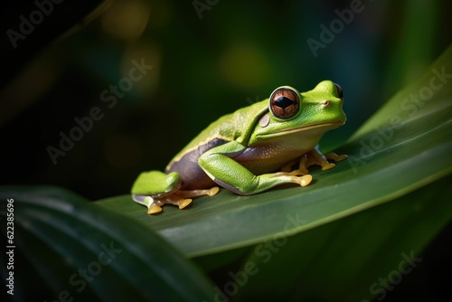 AI generated illustration of a small frog perched on a leaf in its natural habitat