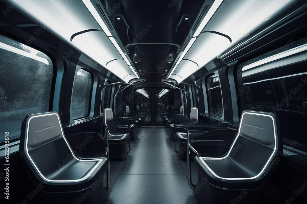 Interior of the salon of futuristic train, metro, subway - the vehicle of the future concept. Generative AI Interior of the salon of futuristic train, metro, subway - the vehicle of the future concept. Generative AI