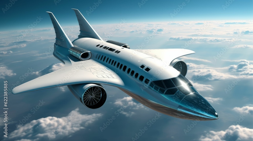 AI generated illustration of a futuristic plane soaring through the sky AI generated illustration of a futuristic plane soaring through the sky