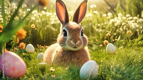 AI generated illustration of A brown rabbit standing among colorful Easter eggs