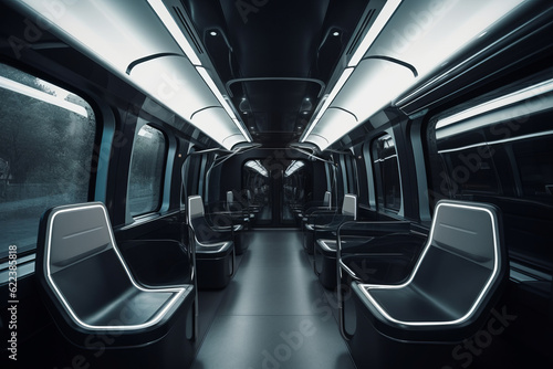 Interior of the salon of futuristic train, metro, subway - the vehicle of the future concept. Generative AI