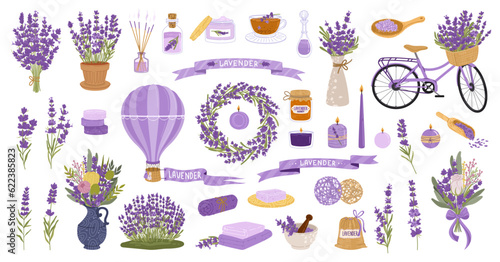 Lavender flowers, herb and bunch, perfume, cosmetics and oil, candles and bouquet. Isolated vector set in cute provence style, wreath, air balloon, bicycle, towels, jars, spa items for aroma therapy