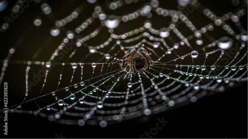 AI generated illustration of a spider on the web shimmering with morning dew in early morning light © Tech 1 0/Wirestock Creators