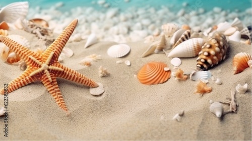 AI generated illustration of starfish and seashells on a sandy beach overlooking the ocean