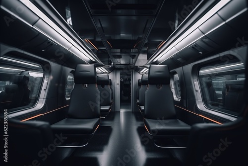 Interior of the salon of futuristic sci-fi train, transport of the future in modern style. Generative AI
