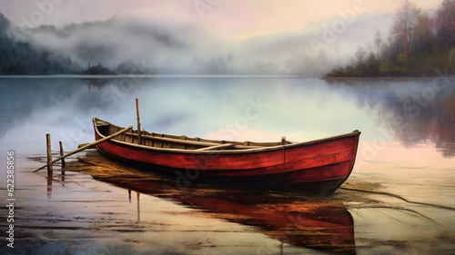 Holzsteg am See mit Boot im Nebel, Bright color. Generative ai