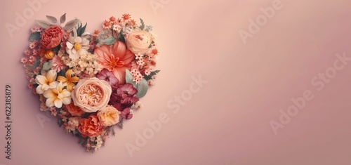 Fototapeta Naklejka Na Ścianę i Meble -  AI generated illustration of an artistic heart made out of colorful flowers on a pink background