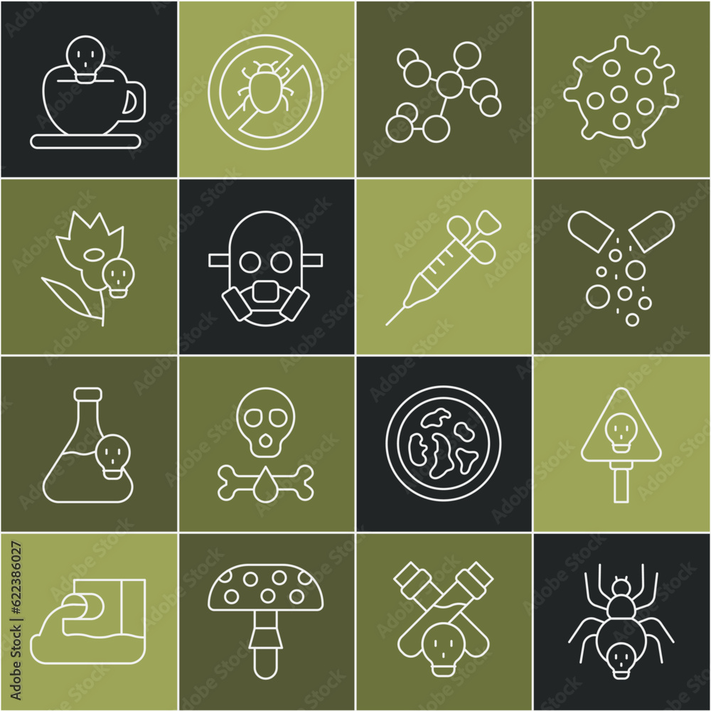 Set line Poisonous spider, Bones and skull, Poisoned pill, Chemical formula, Gas mask, flower, Coffee cup with and Syringe icon. Vector Set line Poisonous spider, Bones and skull, Poisoned pill, Chemical formula, Gas mask, flower, Coffee cup with and Syringe icon. Vector