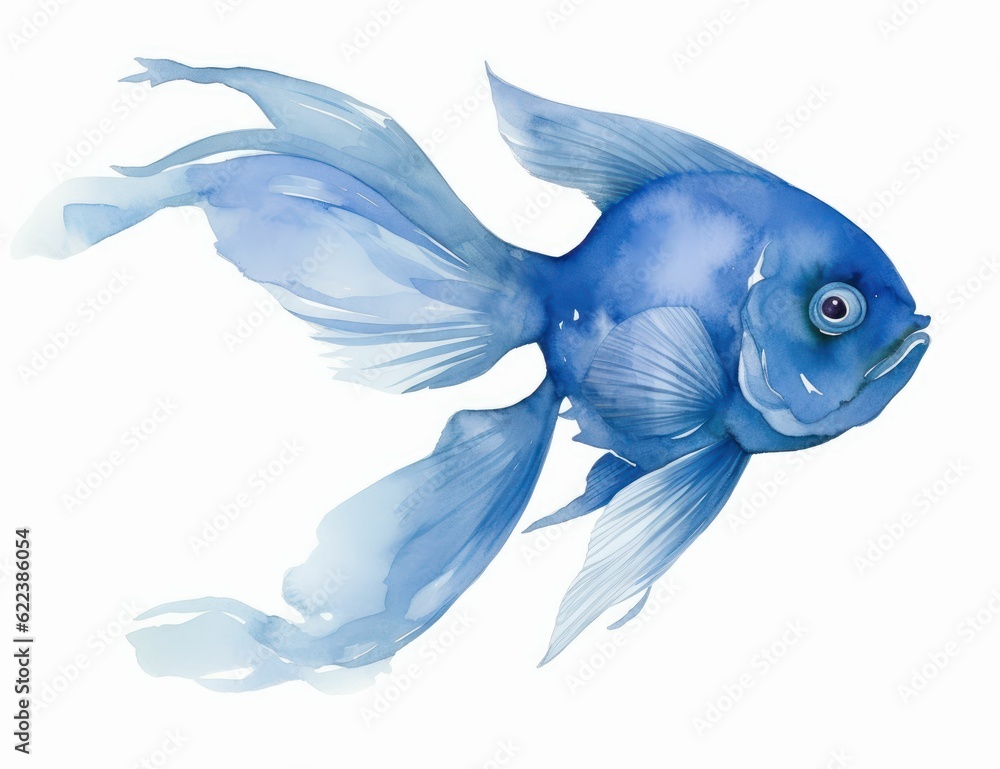 AI generated illustration of a blue fish painted with blue watercolors, on a white background AI generated illustration of a blue fish painted with blue watercolors, on a white background