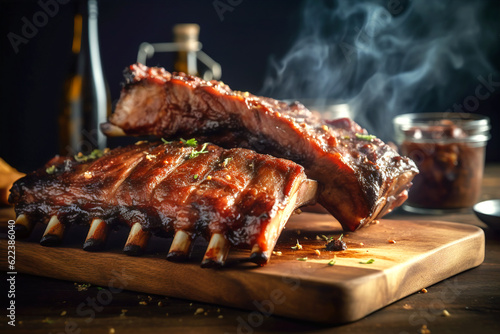Foto Delicious barbeque pork ribs glazed with sticky spicy sauce on wood cutting board