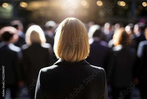 AI generated illustration of a rear view of a blonde female standing confidently in front of a crowd