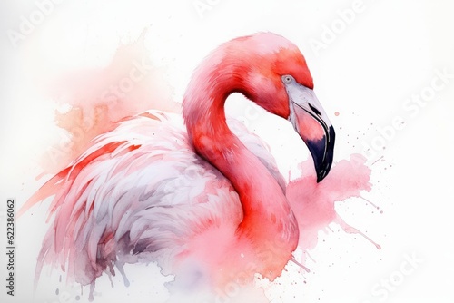 AI generated illustration of a flamingo on a white background created with watercolor paints