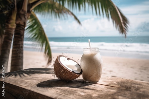 coconut drink at the beach, Photographic Capture of a Fresh Iced Coconut Cocktail, Coconut on a Wooden Table at the Beach, Surrounded by Palms and Bathed in Summer Sunshine