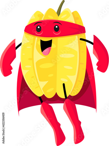 Cartoon carambola fruit superhero and defender character with superpowers, defends against villains and fights for justice. Vector funny unique star fruit super hero personage wear red mask and cape