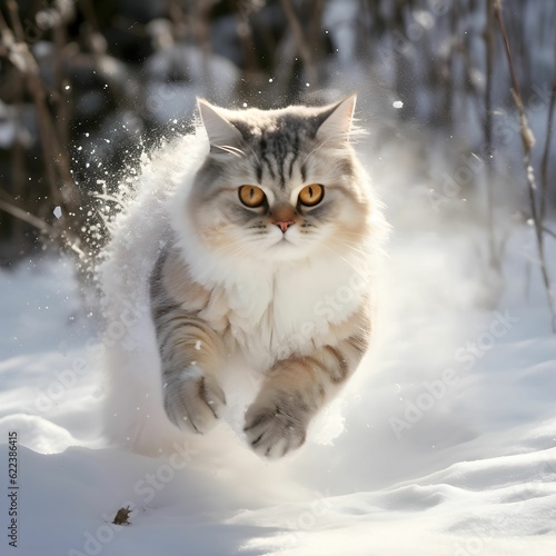 AI generated illustration of a pet cat running through the snow, with an angry facial expression