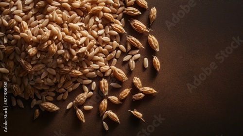 AI generated illustration of a wheat grain seeds scattered on a brown surface photo
