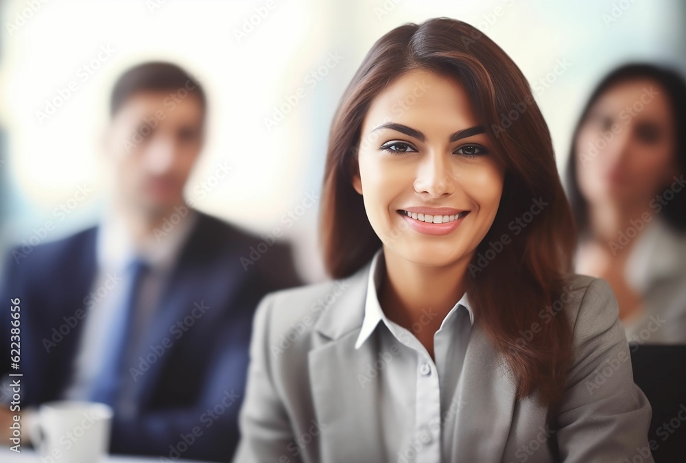 AI generated illustration of A businesswoman in a smart outfit smiling at the camera AI generated illustration of A businesswoman in a smart outfit smiling at the camera