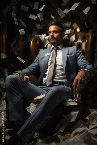 Businessman sitting on an armchair. A lot of money around him. Generative AI