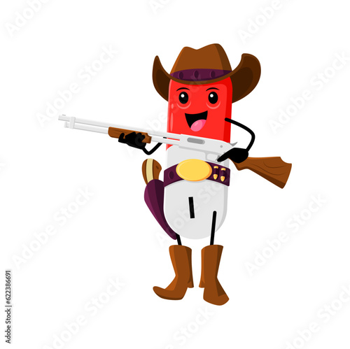 Cartoon iodine robber or bandit micronutrient character. Isolated vector cowboy I capsule with rifle gun. Cowpuncher personage wear leather hat and boots holding weapon. Wild west stockrider hero